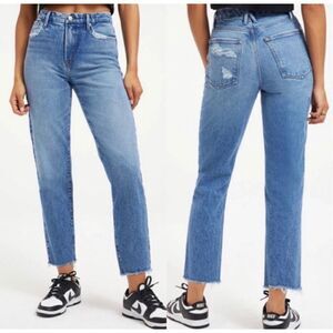 Good American 15 Good Vintage Raw Hem Straight Leg High Rise Indigo Denim Jeans
